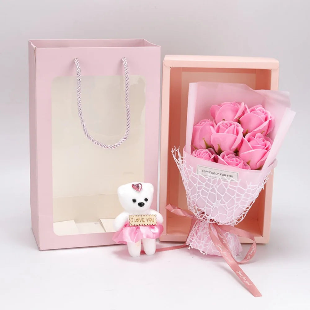 Valentine's Day Artificial Rose Bouquet Gift Box with Teddy Bear - Soap Flower Roses for Mother's Day, Christmas,