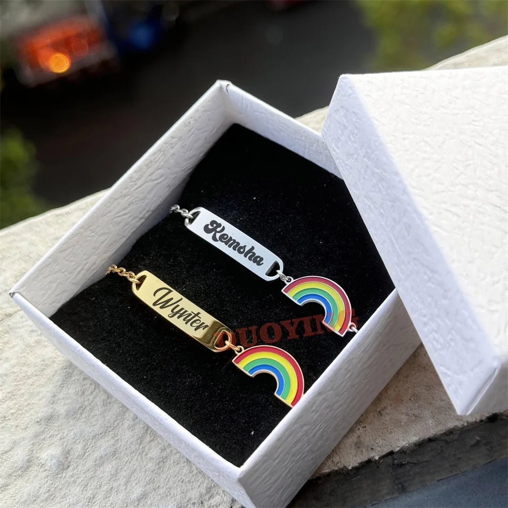DUOYING Customised Rainbow Name Bracelet Engraved Letter ID Flower Bar Bangle Adjustable Strawberry Bracelet For Kids Gift