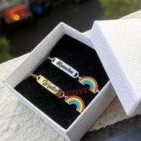 DUOYING Customised Rainbow Name Bracelet Engraved Letter ID Flower Bar Bangle Adjustable Strawberry Bracelet For Kids Gift