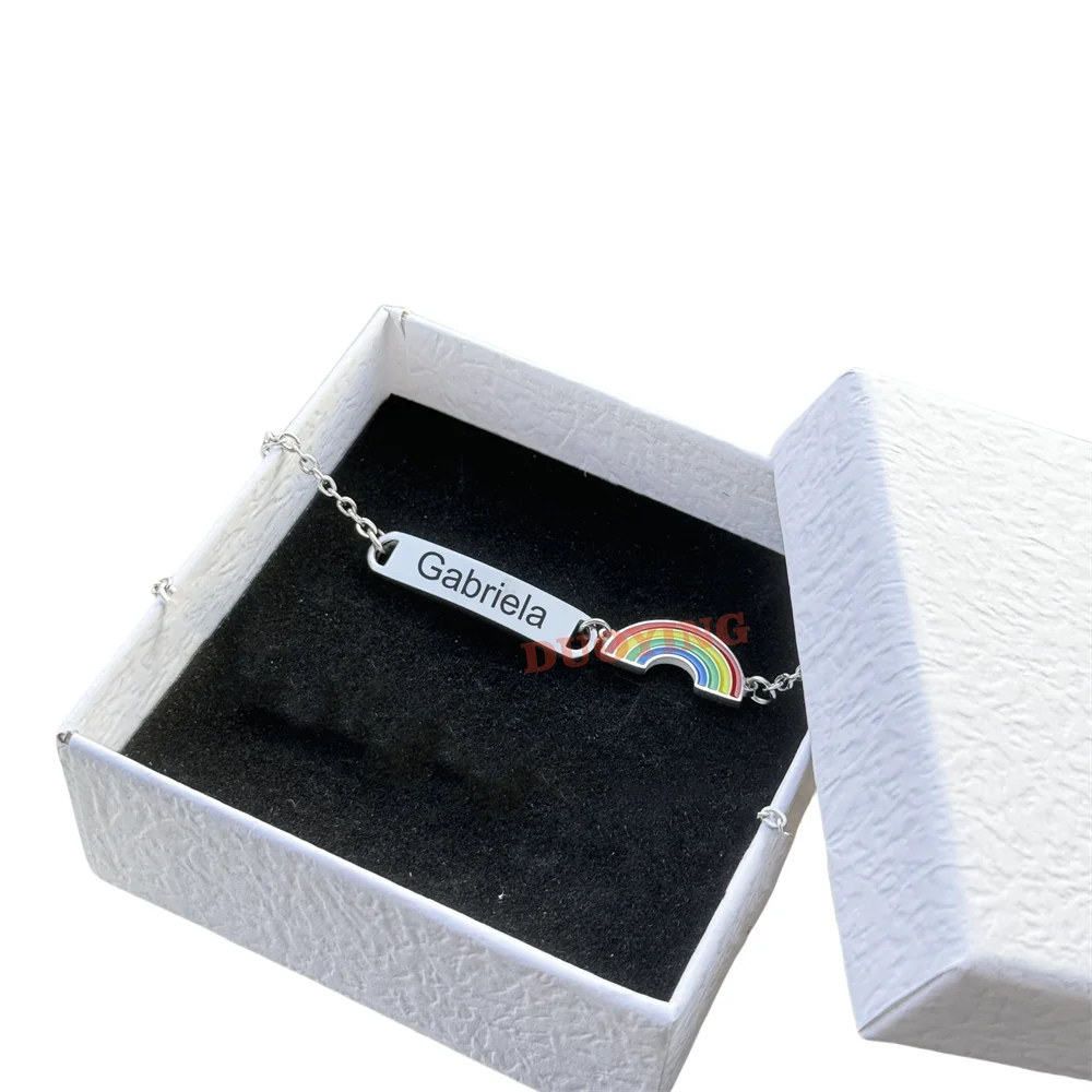 DUOYING Customised Rainbow Name Bracelet Engraved Letter ID Flower Bar Bangle Adjustable Strawberry Bracelet For Kids Gift