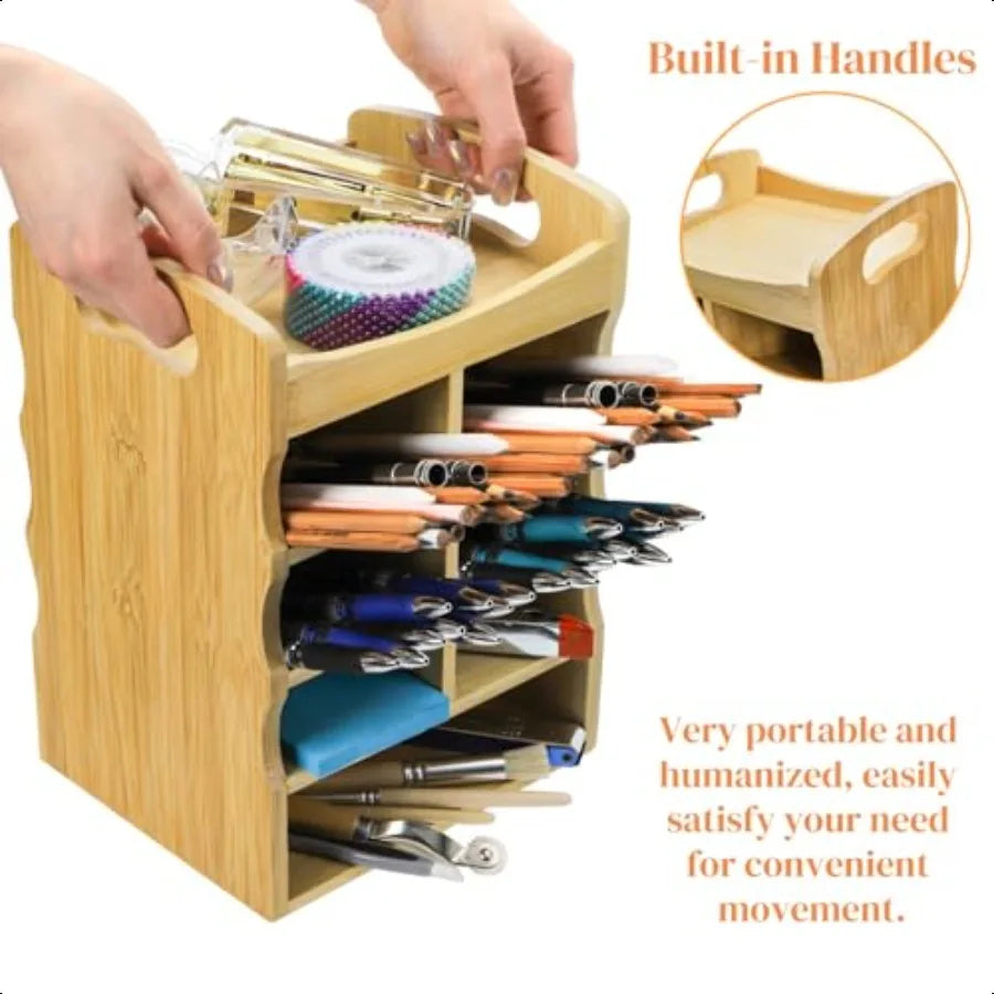 Bamboo Art ply Organizer 360 Rotating Pen Holder with Handle Holds 400+ Pencils 15 Compartments Desktop Storage Stationary Cadd