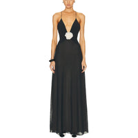 Elegant Women s Sleeveless V Neck Maxi Dress with Floral Embellishments for Summer Evening Parties and Events