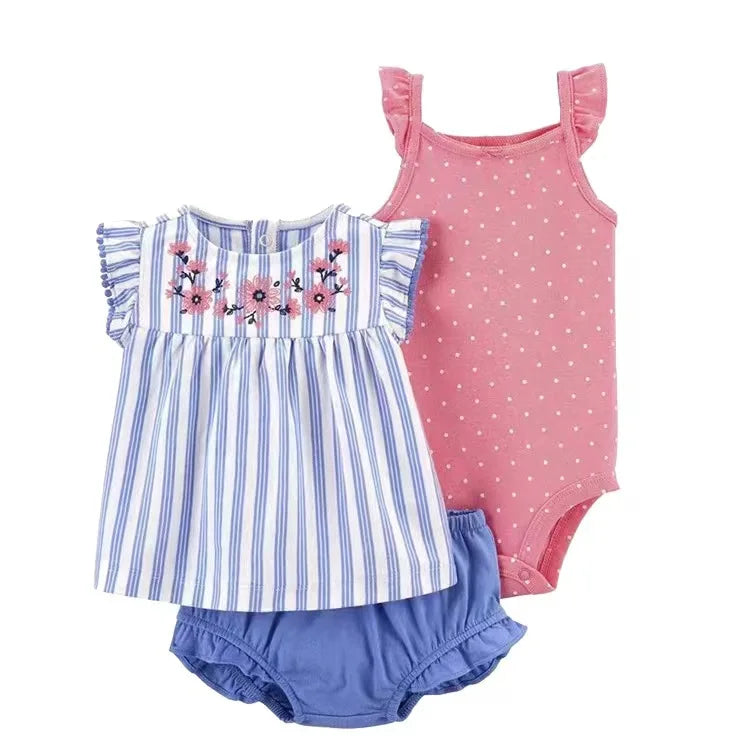 Summer Baby Girls Clothes Set Cotton Flower Fashion Infant Outfits Short Sleeved Bodysuit Shorts 3Pcs kids Clothing 6-24 Months