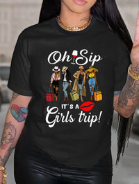 Oh Sip! It's A s Trip Women's T-Shirt - Black Casual Short Sleeve Round Neck Tee with Cartoon Travel Graphi