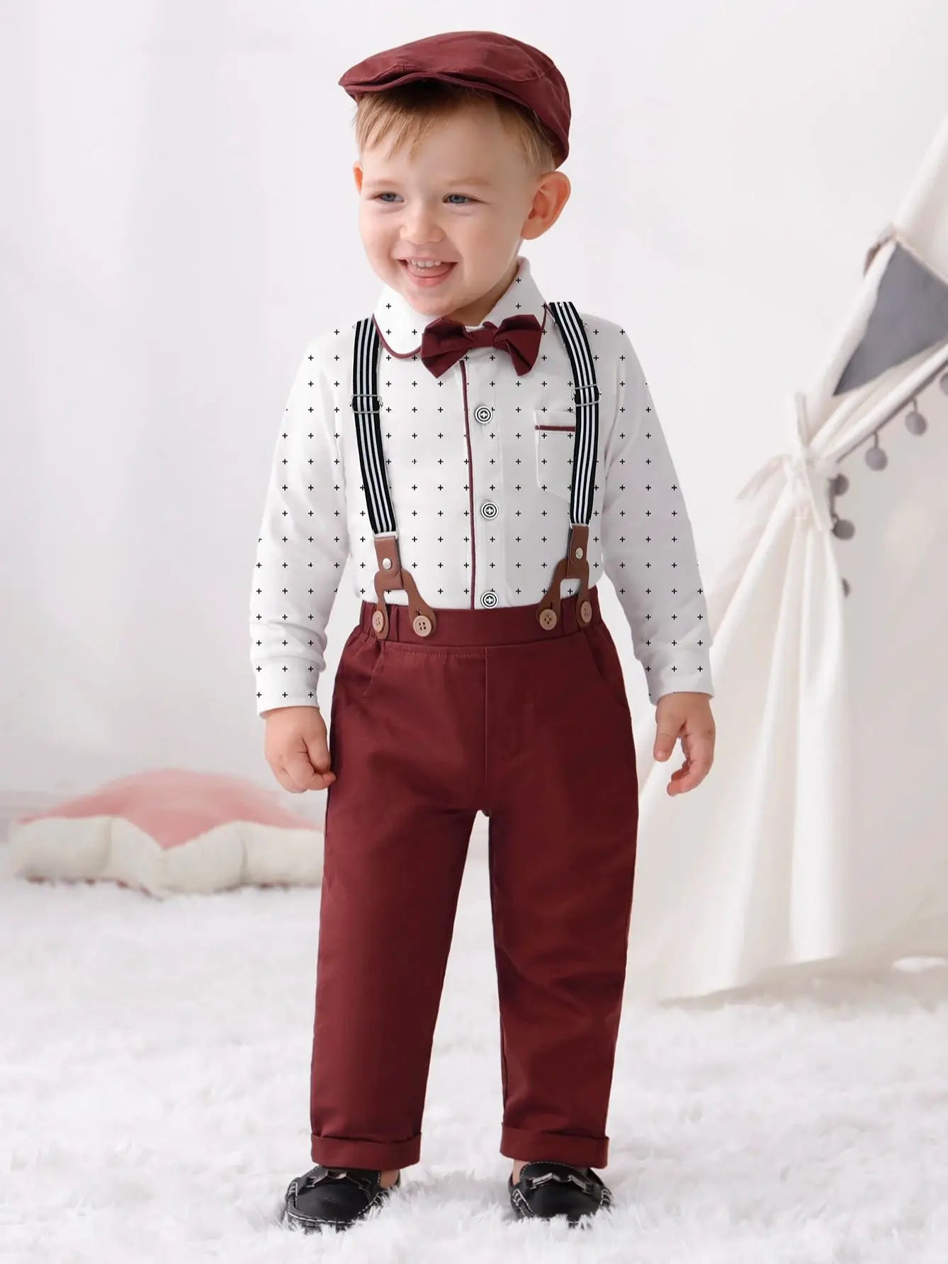 Baby Boy Clothes Infant Boy Gentleman Outfits Suit,Dress Shirt + Suspender Pants + Bowtie + Beret Hat Wedding