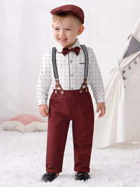 Baby Boy Clothes Infant Boy Gentleman Outfits Suit,Dress Shirt + Suspender Pants + Bowtie + Beret Hat Wedding