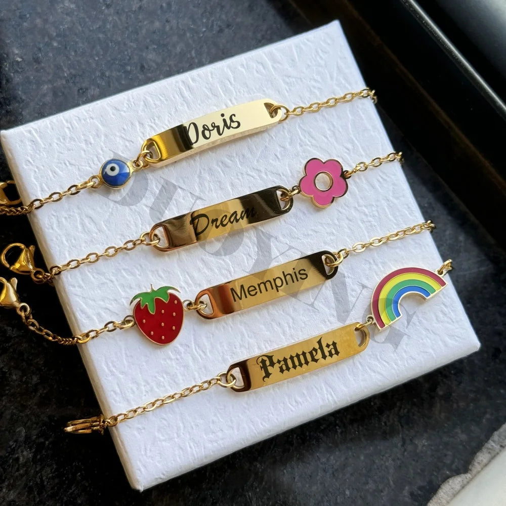 DUOYING Customised Rainbow Name Bracelet Engraved Letter ID Flower Bar Bangle Adjustable Strawberry Bracelet For Kids Gift