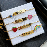 DUOYING Customised Rainbow Name Bracelet Engraved Letter ID Flower Bar Bangle Adjustable Strawberry Bracelet For Kids Gift