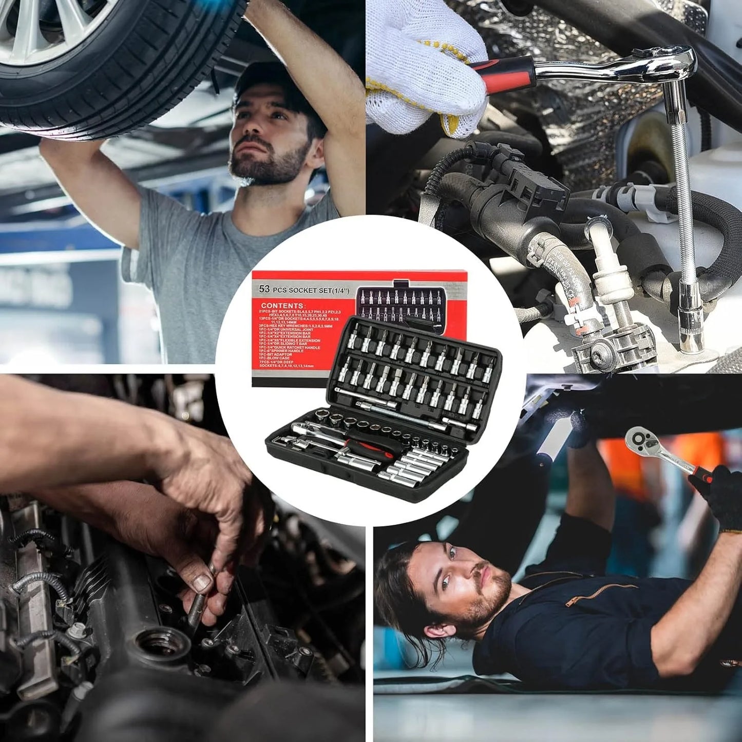 46PCS 1/4 inch Drive Socket Set,Metric Ratchet Wrench Set with 4-14mm CR-V Sockets, Mechanic Tool Kits for Household Auto Repair