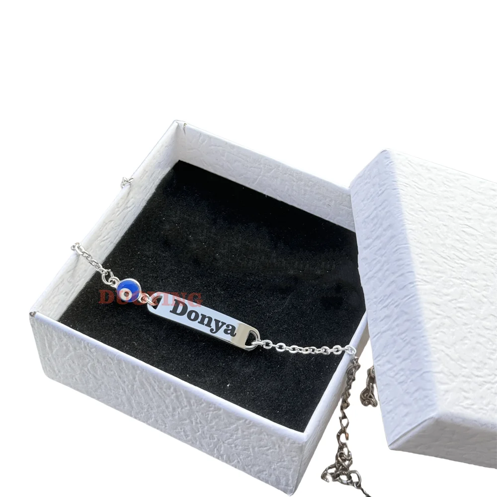 DUOYING Customised Rainbow Name Bracelet Engraved Letter ID Flower Bar Bangle Adjustable Strawberry Bracelet For Kids Gift