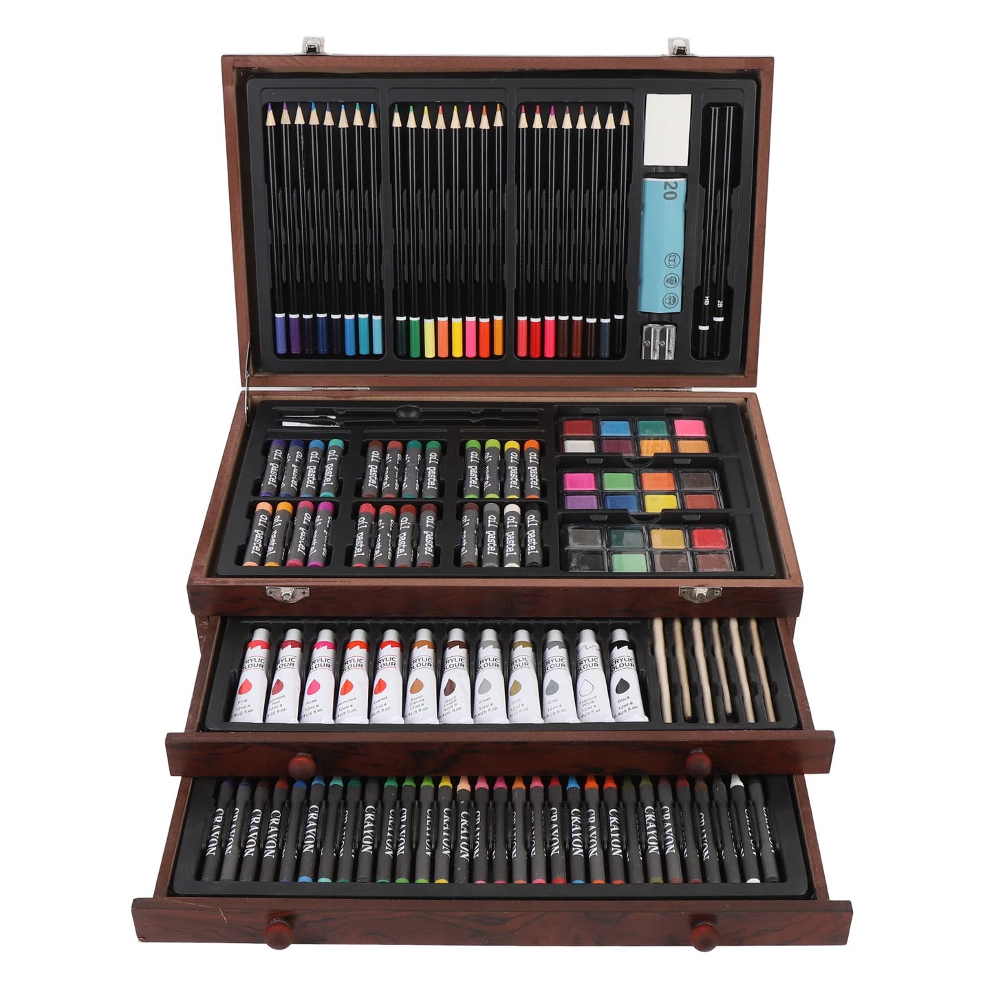 142PCS Set Wooden Art Set 24PCS Colored Pencils 24PCS Oil Pastels 60PCS Crayons Watercolor Paints Erasers Pencil Rollers Sketchb