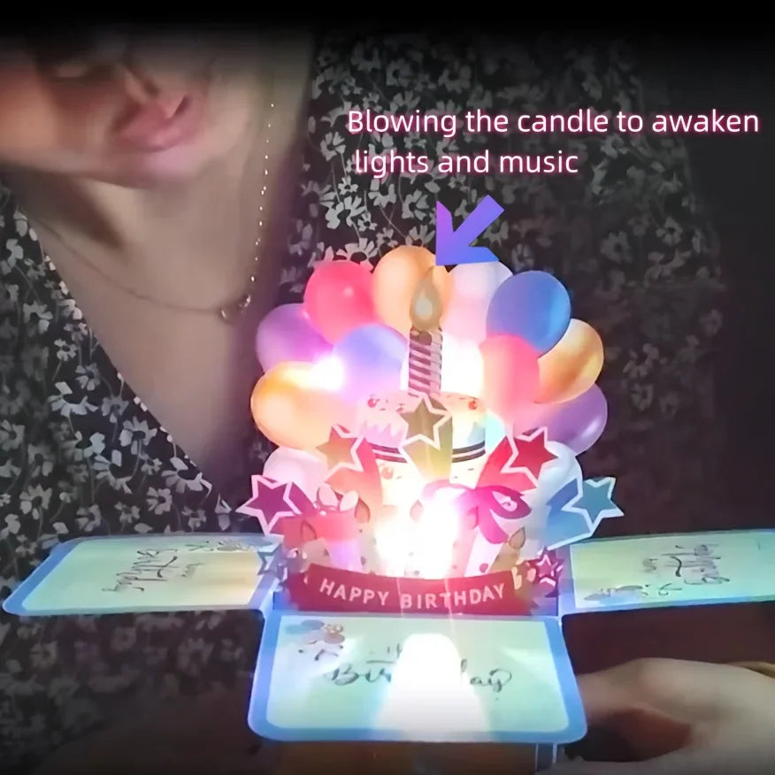 3D Pop Up Music Birthday Greeting Card with Lights and Candles, Creative Musical Card Box Message Card Surprise Birthday Gift