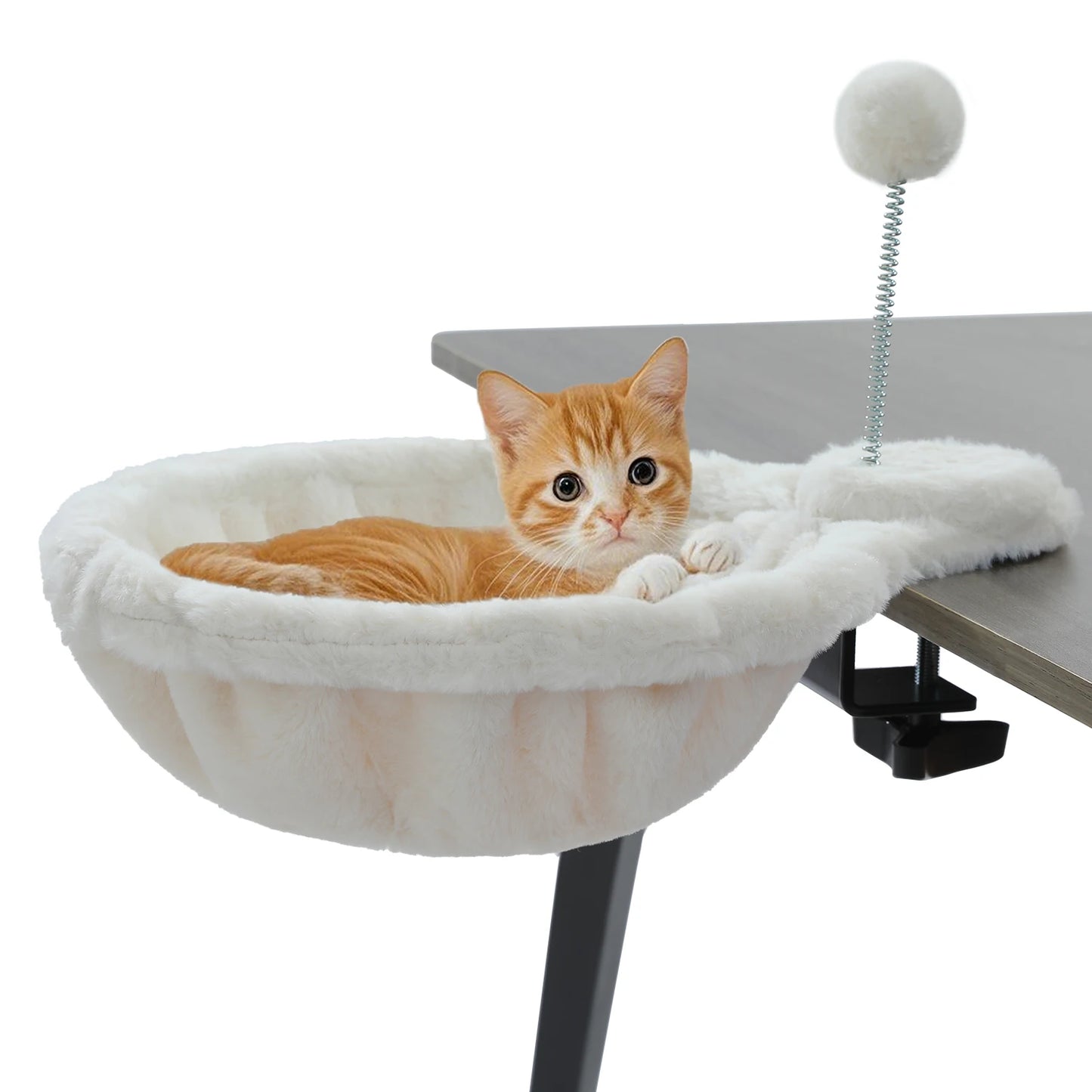 Cozy Removable&Portable Cat Bed,Safe Cat Hammock&Basket with Interactive Plush Ball Toy, Beige,Perfect for Indoor Cats&Desk Use