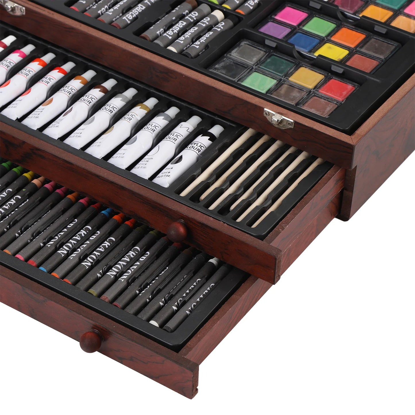 142PCS Set Wooden Art Set 24PCS Colored Pencils 24PCS Oil Pastels 60PCS Crayons Watercolor Paints Erasers Pencil Rollers Sketchb
