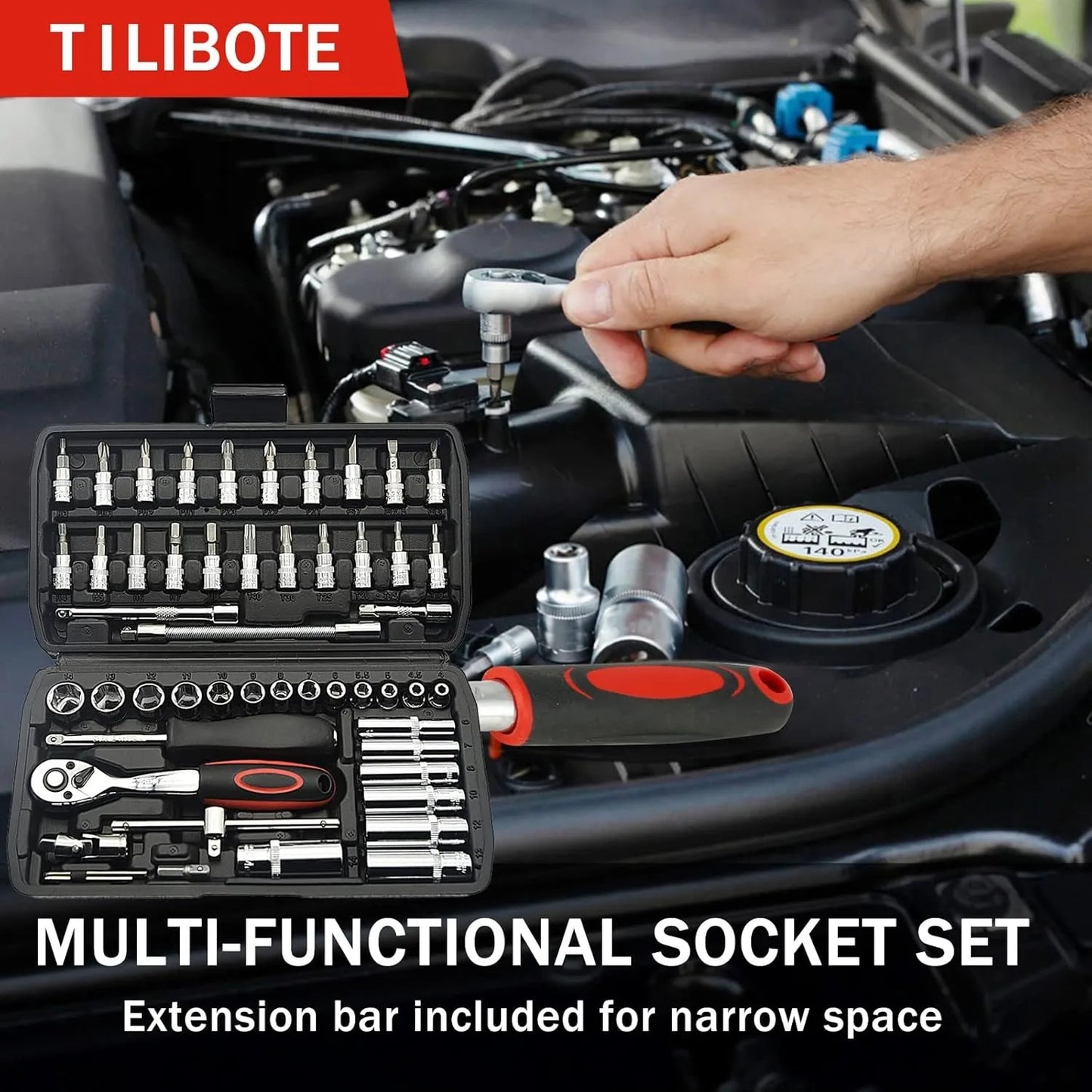 46PCS 1/4 inch Drive Socket Set,Metric Ratchet Wrench Set with 4-14mm CR-V Sockets, Mechanic Tool Kits for Household Auto Repair
