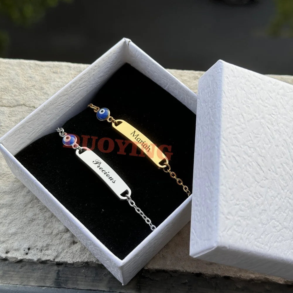 DUOYING Customised Rainbow Name Bracelet Engraved Letter ID Flower Bar Bangle Adjustable Strawberry Bracelet For Kids Gift