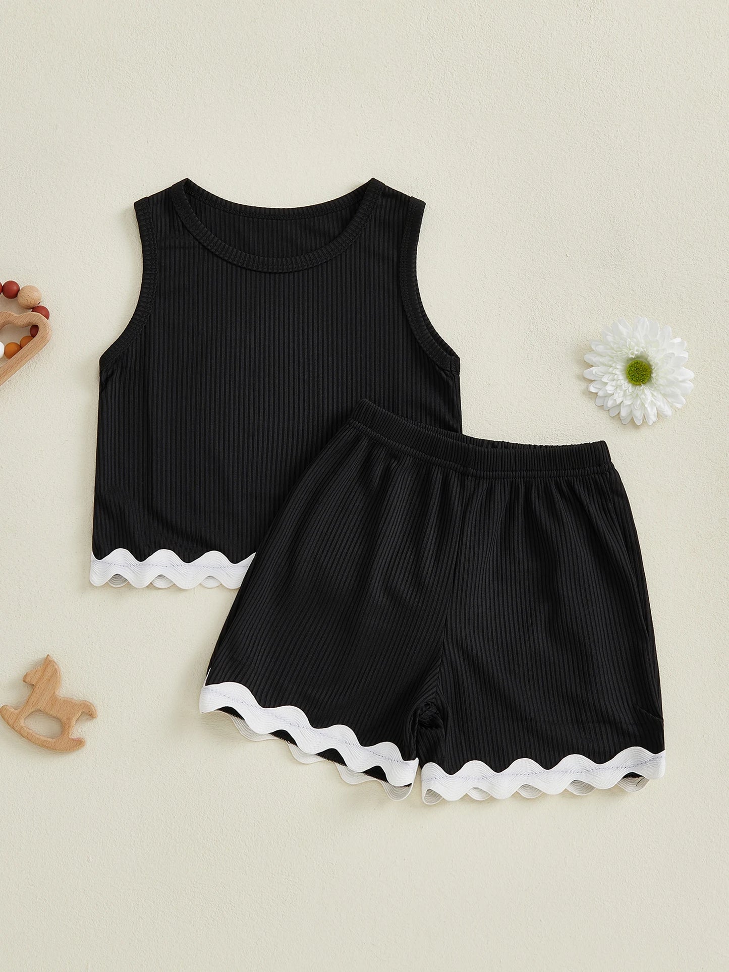 Girls Ruffle Sleeve Top and Denim Shorts Set with Elastic Waistband and Embroidered Details - 2 Piece Summer Ensemble