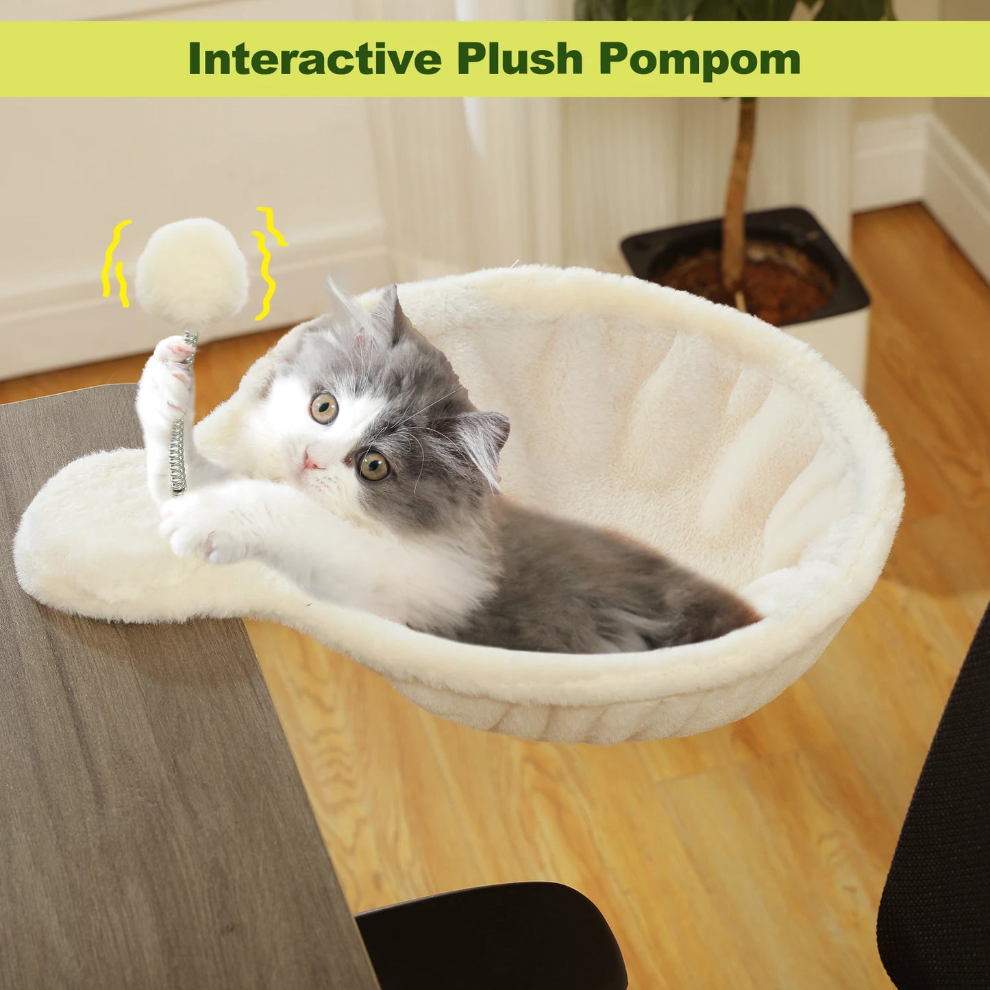 Cozy Removable&Portable Cat Bed,Safe Cat Hammock&Basket with Interactive Plush Ball Toy, Beige,Perfect for Indoor Cats&Desk Use