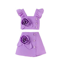 Adorable Baby Girl Summer Ensemble Flutter Sleeve Square Neck Top with 3D Floral Detailing and Matching A-Line Skirt - 2 Piece