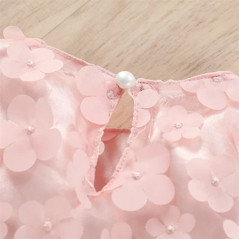 Infant Girls Sleeveless Dress with Floral Print Mesh Patchwork Bow Detail - Cute and Casual Solid Color Dress