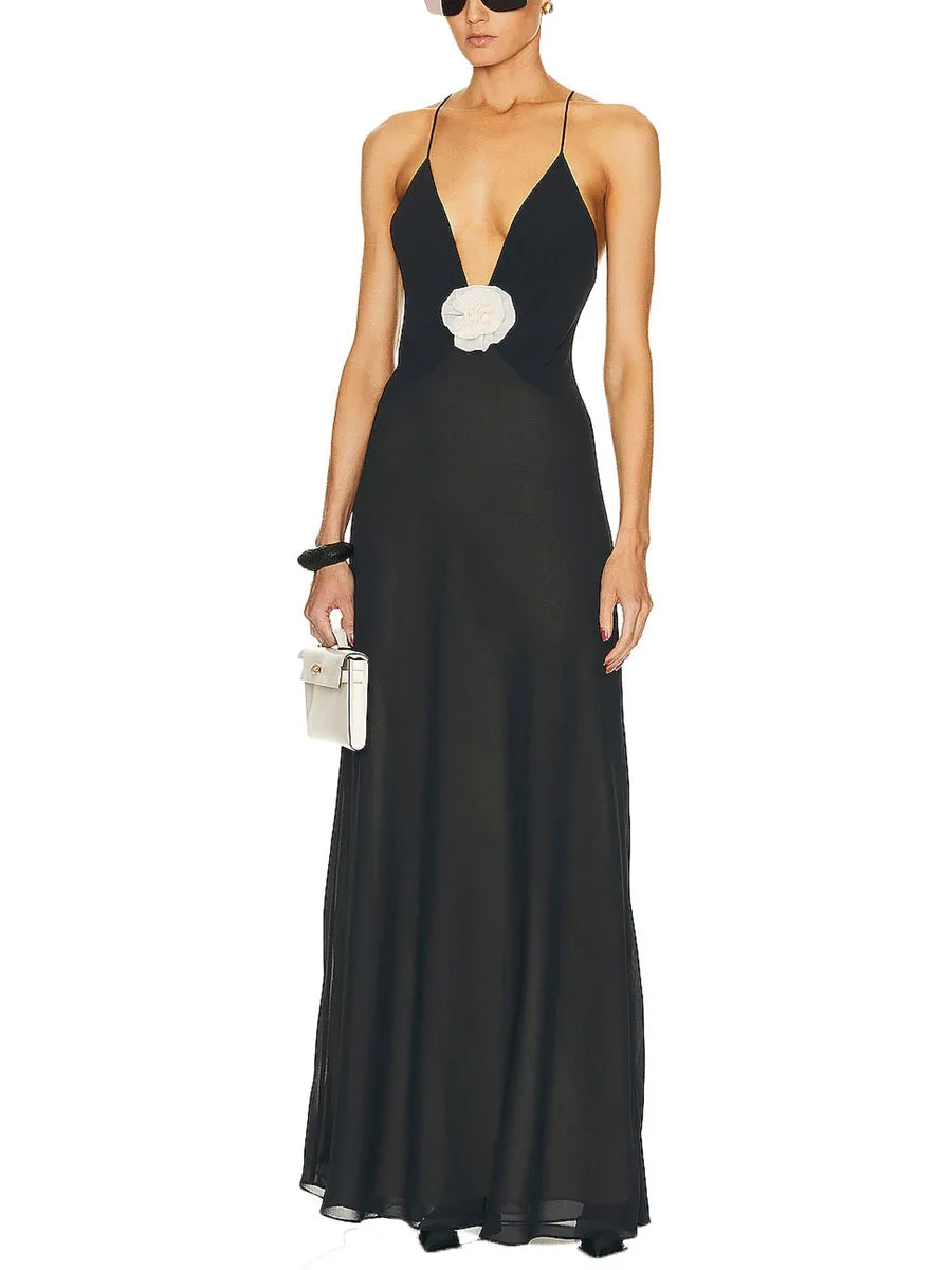 Elegant Women s Sleeveless V Neck Maxi Dress with Floral Embellishments for Summer Evening Parties and Events