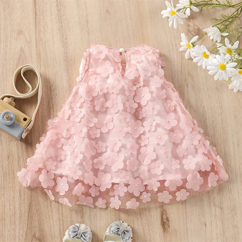 Infant Girls Sleeveless Dress with Floral Print Mesh Patchwork Bow Detail - Cute and Casual Solid Color Dress