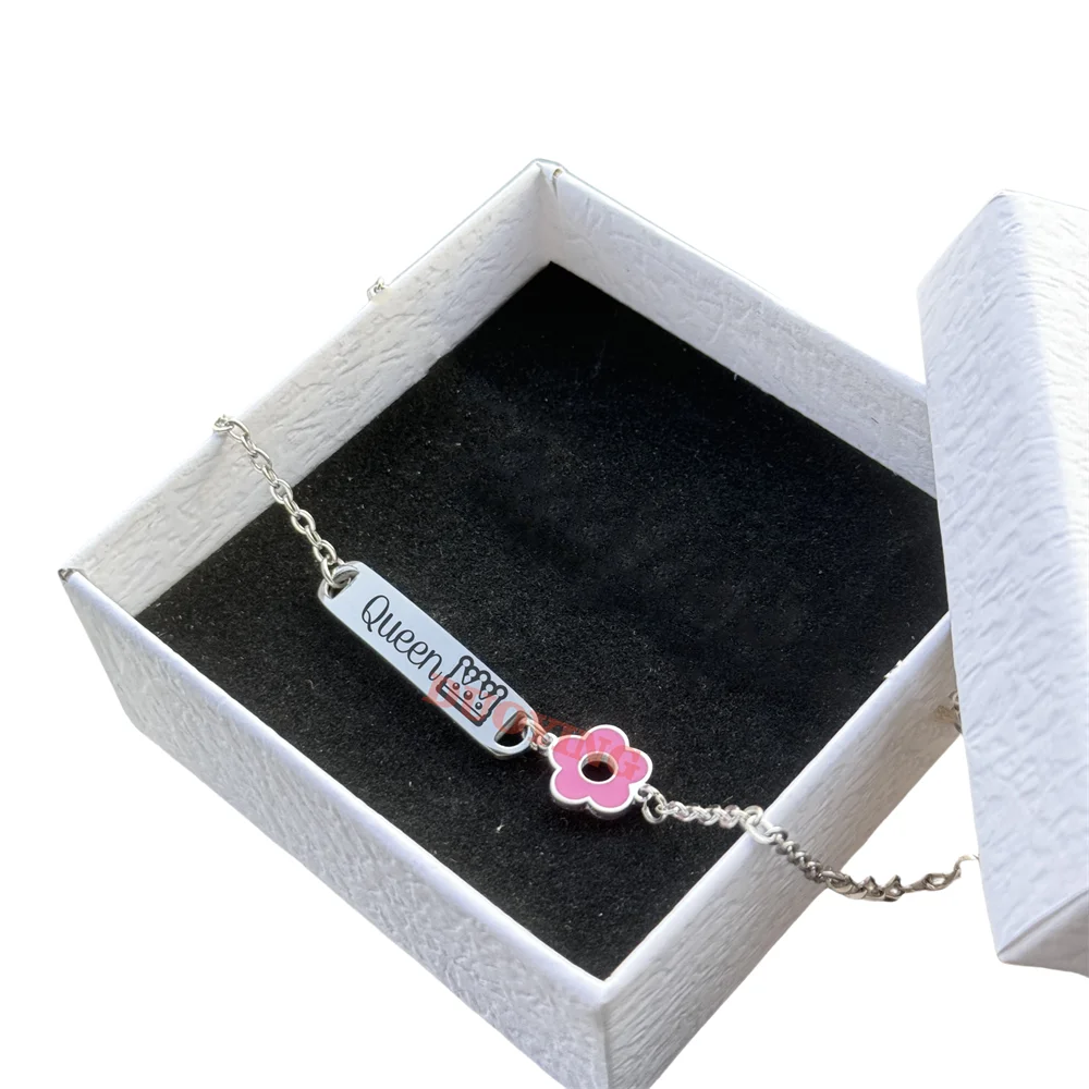 DUOYING Customised Rainbow Name Bracelet Engraved Letter ID Flower Bar Bangle Adjustable Strawberry Bracelet For Kids Gift