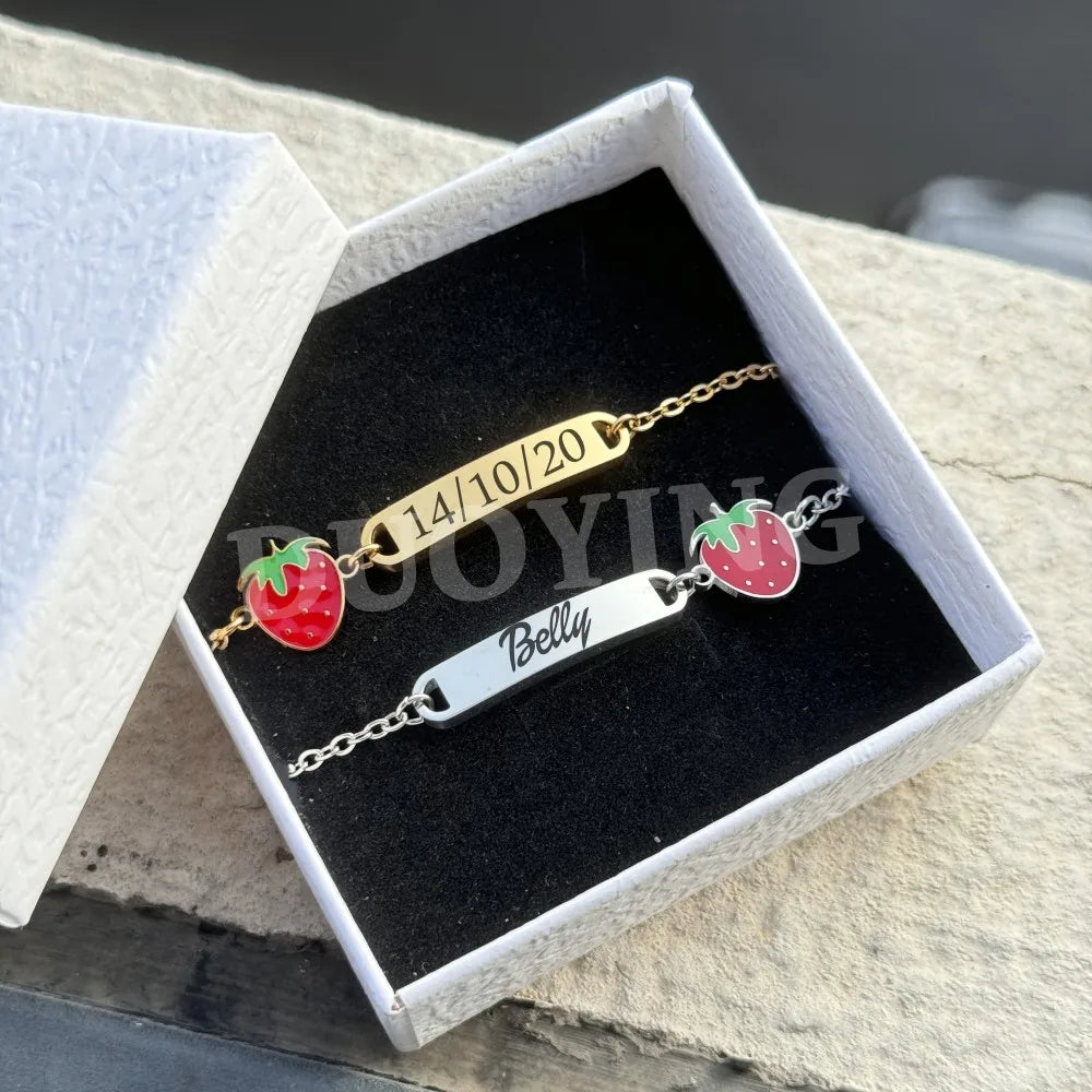 DUOYING Customised Rainbow Name Bracelet Engraved Letter ID Flower Bar Bangle Adjustable Strawberry Bracelet For Kids Gift