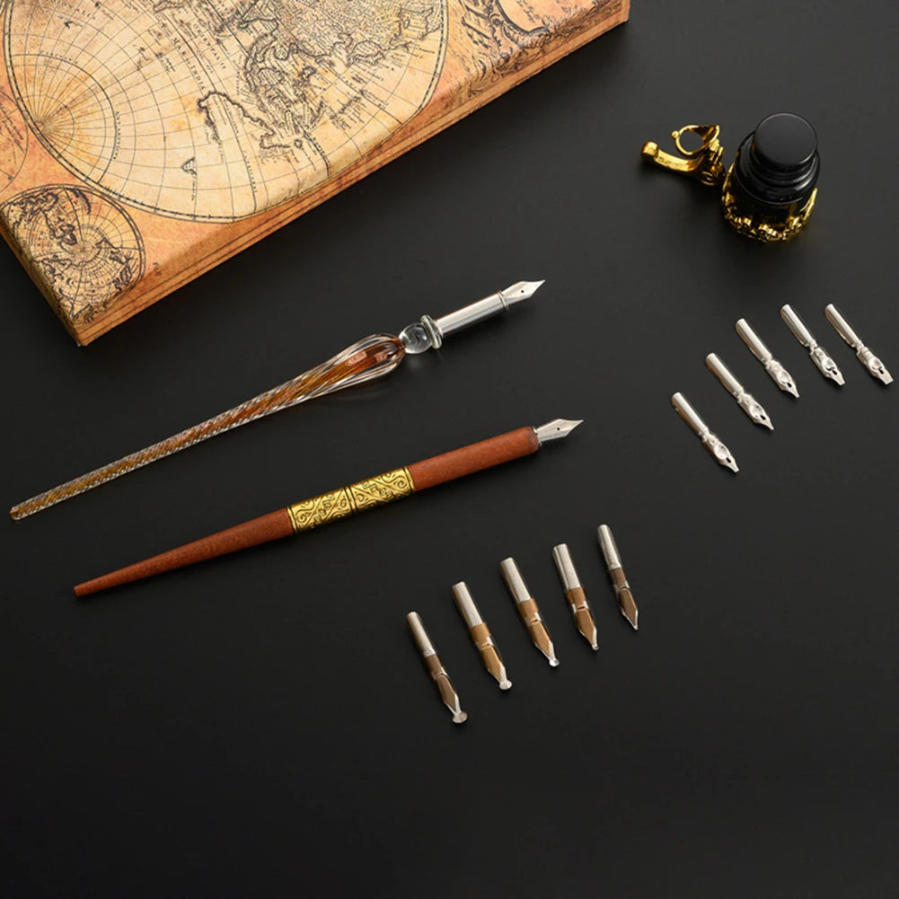 European Dip Pen Fountain Retro Starry Sky Glass Calligraphy Pen Stationery Gift