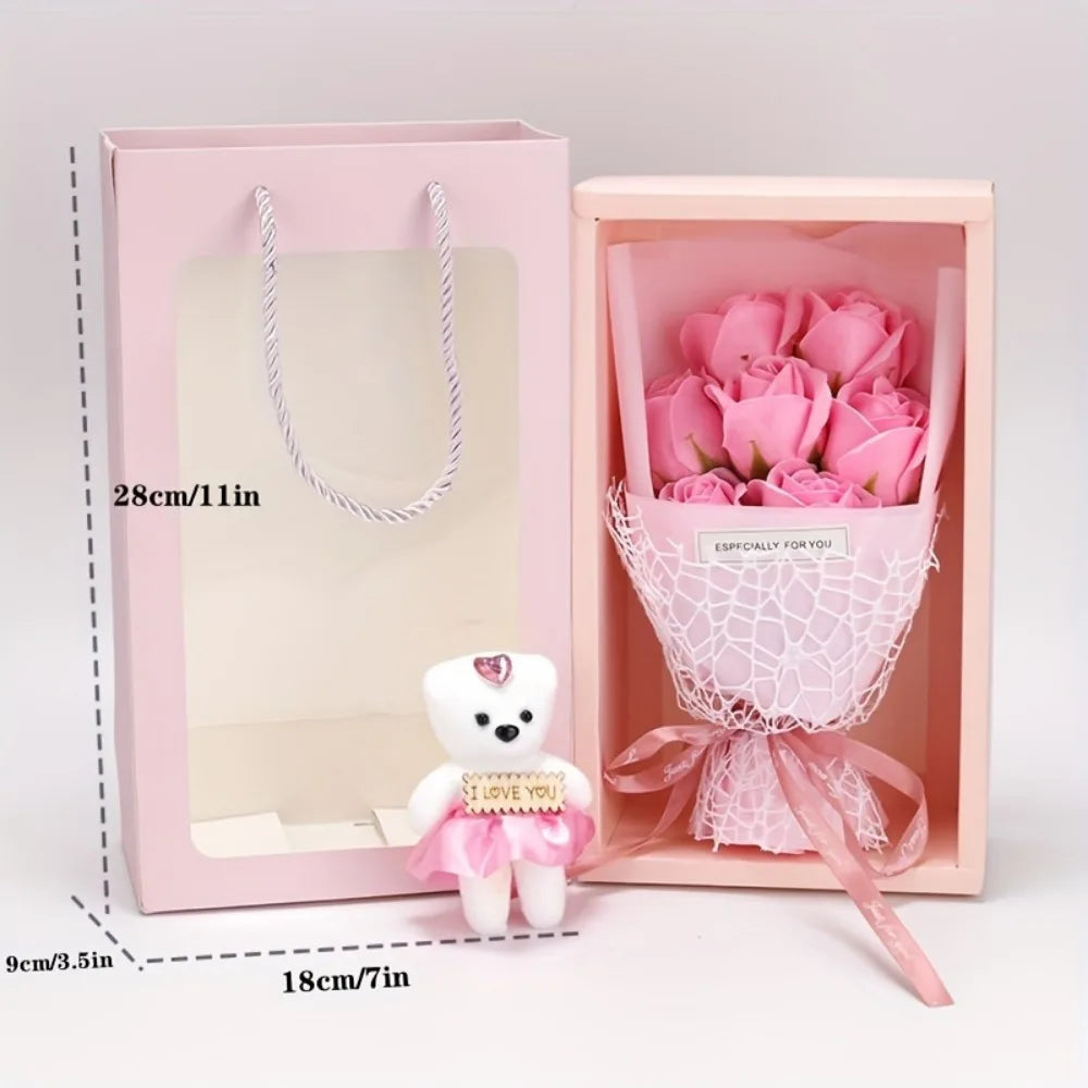 Valentine's Day Artificial Rose Bouquet Gift Box with Teddy Bear - Soap Flower Roses for Mother's Day, Christmas,