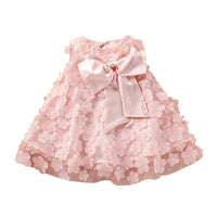 Infant Girls Sleeveless Dress with Floral Print Mesh Patchwork Bow Detail - Cute and Casual Solid Color Dress