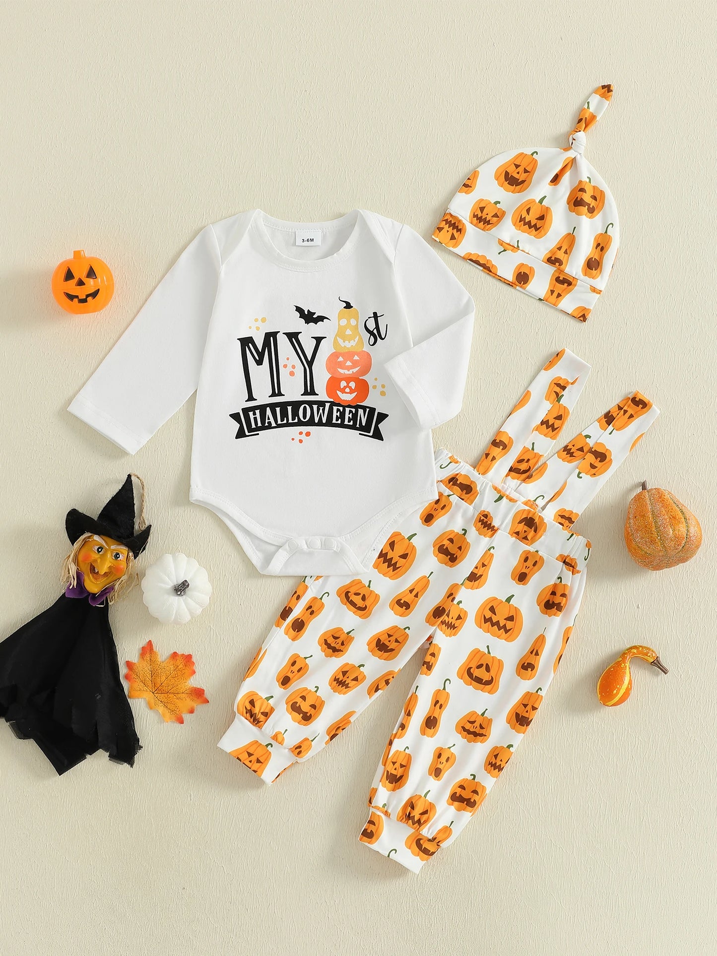 Infant Halloween 3-Piece Outfit Long Sleeve Bodysuit Pumpkin Print Overalls Beanie Set for Baby Boys Girls