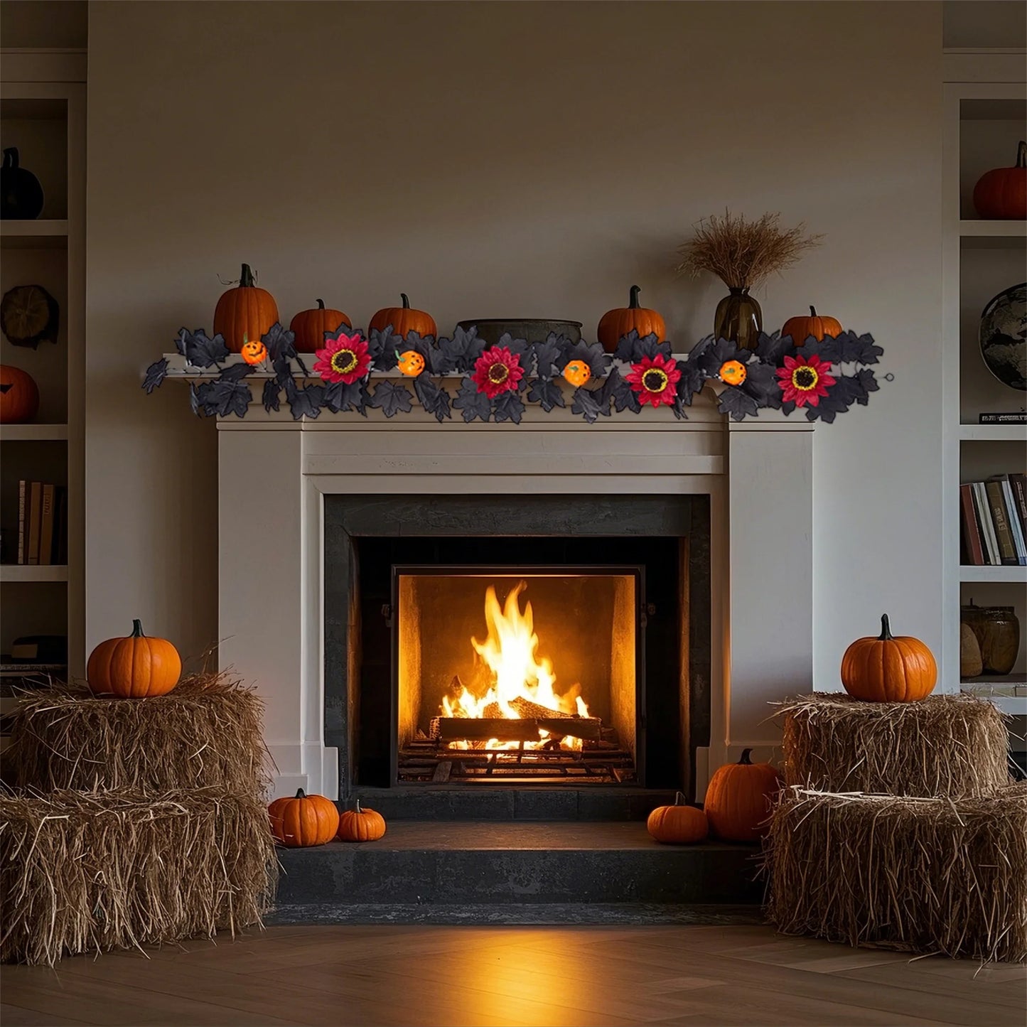Artificial Fall Maple Leaf Wreath with Pumpkins and Berries for Halloween Thanksgiving Harvest Home Decorations