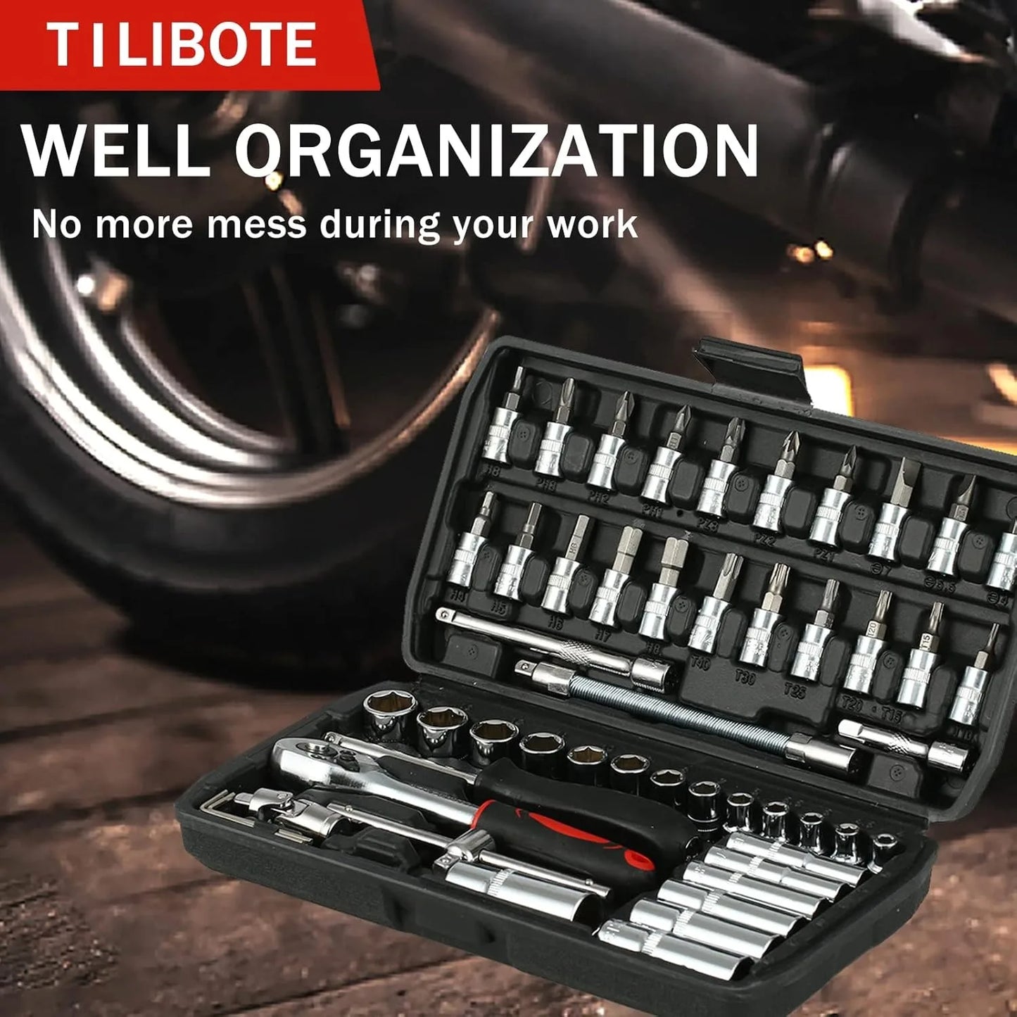 46PCS 1/4 inch Drive Socket Set,Metric Ratchet Wrench Set with 4-14mm CR-V Sockets, Mechanic Tool Kits for Household Auto Repair