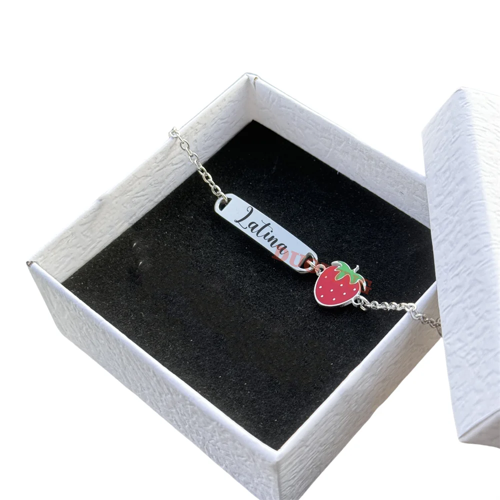 DUOYING Customised Rainbow Name Bracelet Engraved Letter ID Flower Bar Bangle Adjustable Strawberry Bracelet For Kids Gift