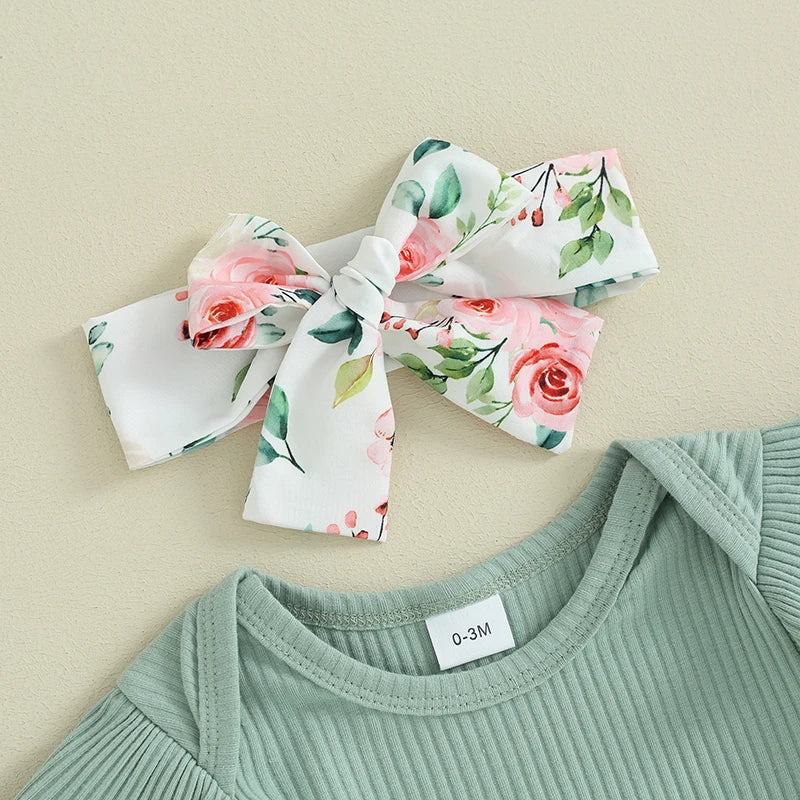 Toddler Girls 3-Piece Summer Set Ruffle Sleeve Top Floral Shorts and Bow Headband - Cute Baby Outfit for Newborns