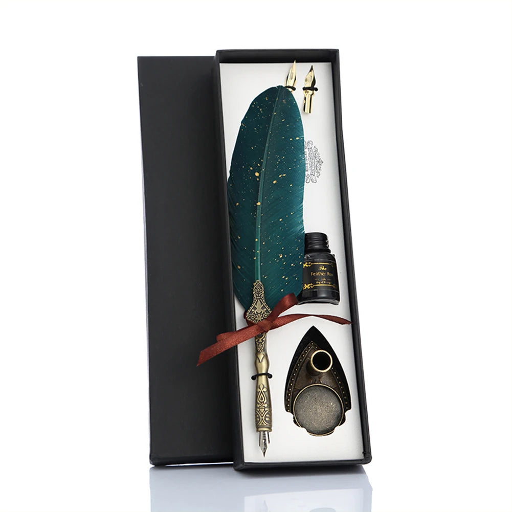 Retro Calligraphy Feather Dip Pen with 2 Nib Quill Fountain Writing Stationery