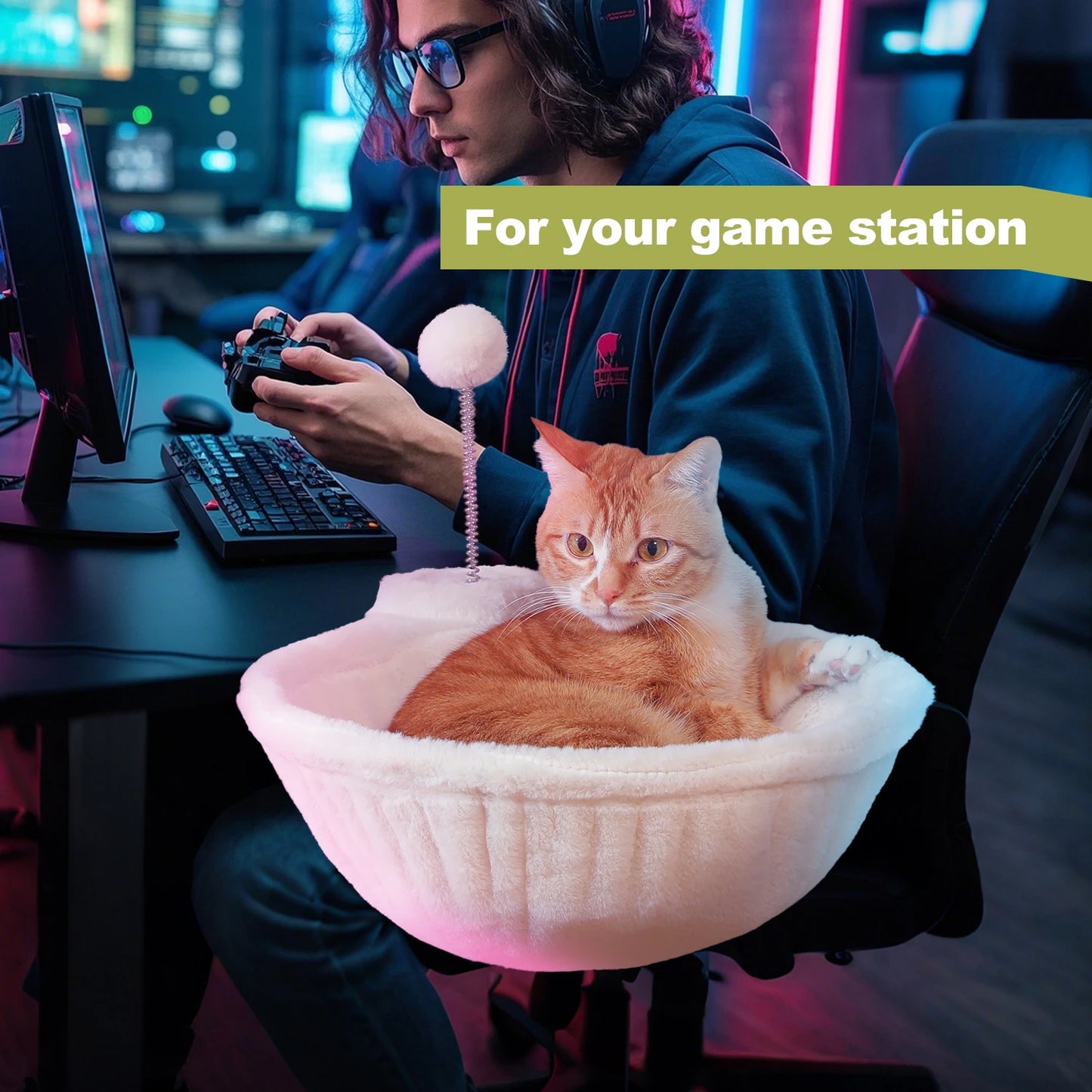 Cozy Removable&Portable Cat Bed,Safe Cat Hammock&Basket with Interactive Plush Ball Toy, Beige,Perfect for Indoor Cats&Desk Use