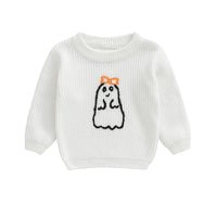 Infant Baby Boy Halloween Sweater Pumpkin Patchwork Applique Ribbed Crew Neck Long Sleeve Knitted Tops for Autumn Winter