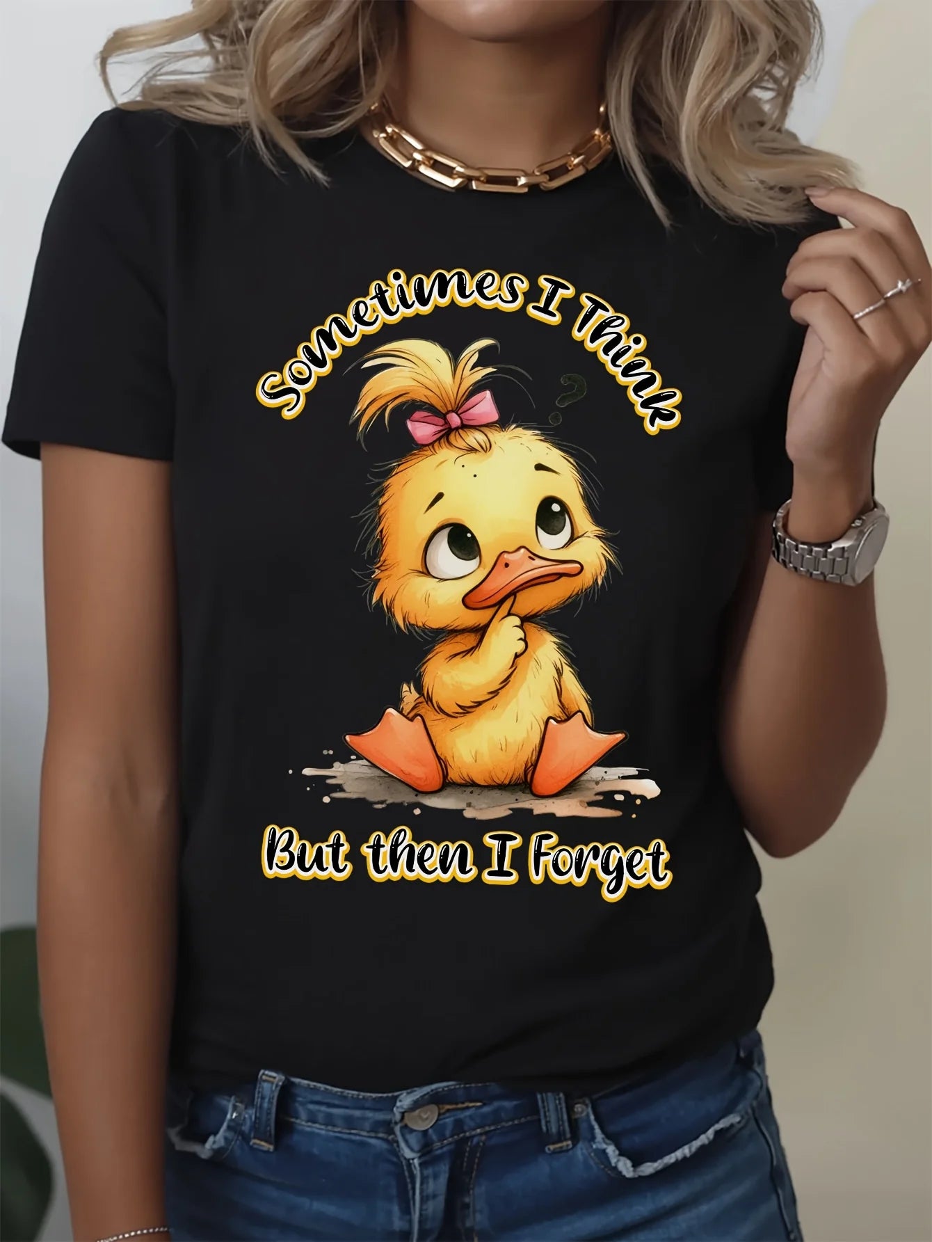 Duck for THINK Forget Women's Graphic T-Shirt - Cute Cartoon Duck with "Sometimes I for THINK Too Much But Then I Forget" Print