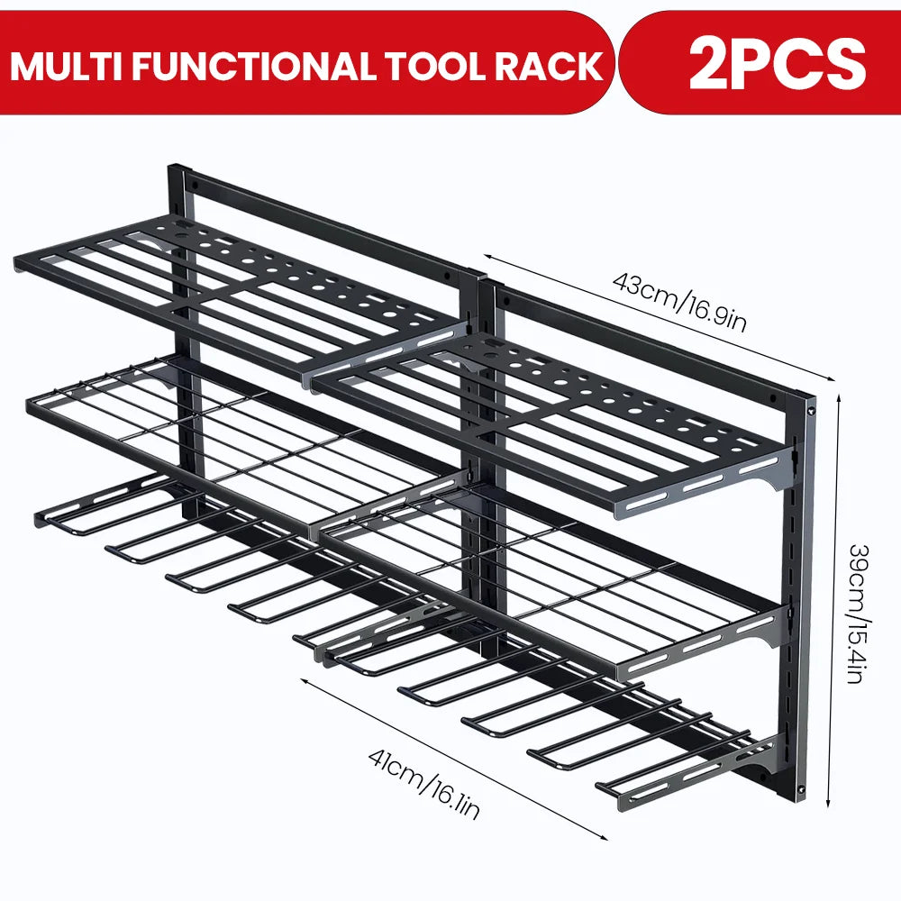 AIRAJ Wall-Mounted 3-Tier Storage Rack For Electric Tools Adjustable Heavy-Duty Garage Tool Organizer With Cordless Drill Holder