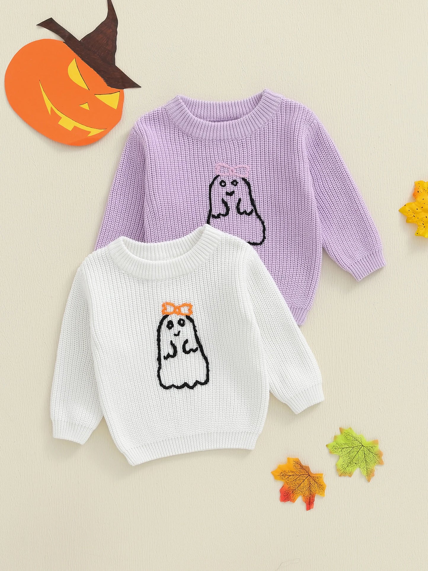 Infant Baby Boy Halloween Sweater Pumpkin Patchwork Applique Ribbed Crew Neck Long Sleeve Knitted Tops for Autumn Winter