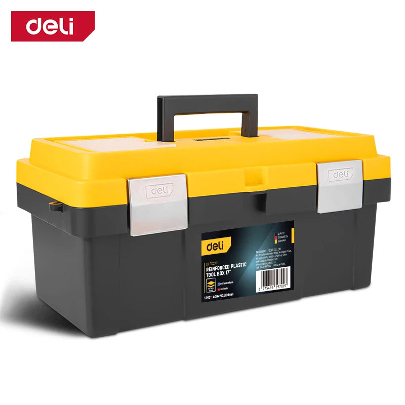 Deli 17in Plastic Tool Box, Storage Organizer with Secure Latch, Portable Design, Perfect for Home, Garage, and DIY Projects