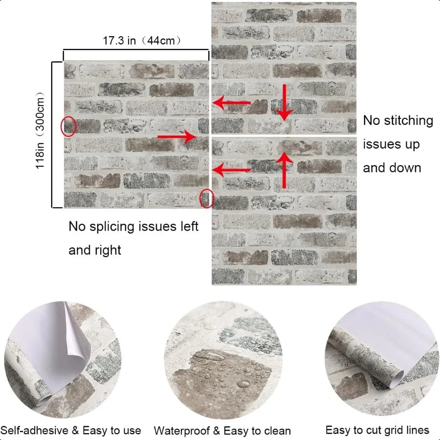 17.3"×118" Brick Peel and Stick Wallpaper Brick Wallpaper Grey Brown 3D Brick Self Adhesive Contact Paper Textured Removable Vi